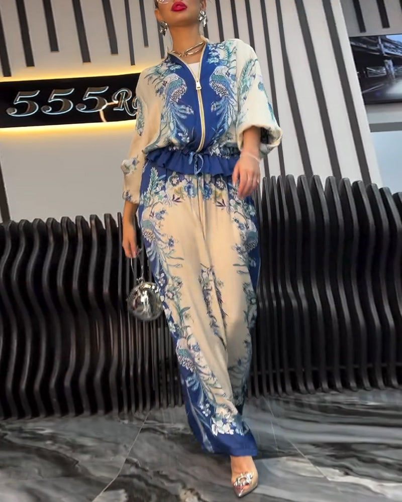 Temperament Stand-up Collar Zipper Wide-legged Suit